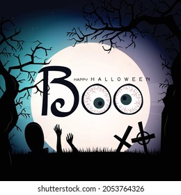 Halloween background with witch. Invitation for party. Mix of Various Spooky Creatures, Moon. Halloween night vector illustration. Halloween background with scary graveyard.