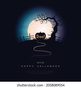 Halloween background with witch. Invitation for party. Mix of Various Spooky Creatures, Moon. Halloween night vector illustration. Halloween background with scary graveyard.