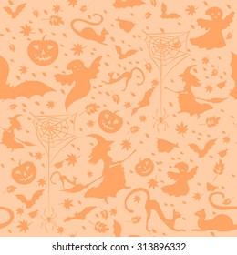 halloween background - witch on broom, spiders, pumpkins, flying bats, defoliation, and ghosts on light orange background, vector illustration