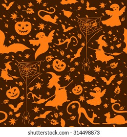 halloween background - witch on broom, spiders, pumpkins, flying bats, defoliation, and ghosts on dark brown background, vector illustration