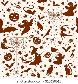 halloween background - witch on broom, spiders, pumpkins, flying bats, owl, defoliation, and ghosts on light beige background, vector illustration