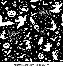 halloween background - witch on broom, spiders, pumpkins, flying bats, owl, defoliation, and ghosts on black background, vector illustration