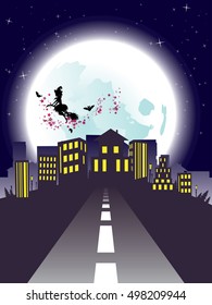 Halloween background with witch on a broomstick silhouette flying to the city.