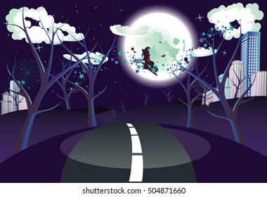 Halloween background with witch on a broomstick silhouette flying to the city.