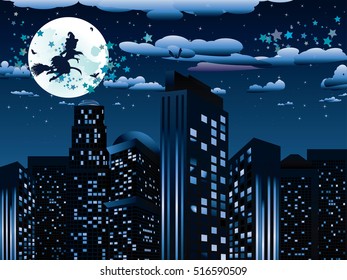 Halloween background with witch on a broomstick silhouette flying to the city.