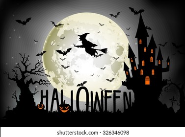 Halloween Background Of Witch On The Full Moon. Vector