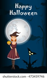 Halloween background of Witch on the full moon. Vector. young happy and attractive witches, vector Halloween collection