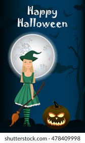 Halloween background of Witch on the full moon. Vector. young happy and attractive witches, vector Halloween collection