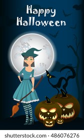 Halloween background of Witch on the full moon. Vector. young happy and attractive witches, vector Halloween collection