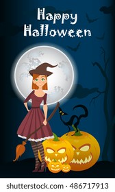 Halloween background of Witch on the full moon. Vector. young happy and attractive witches, vector Halloween collection