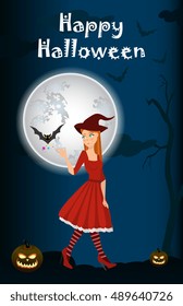 Halloween background of Witch on the full moon. Vector. young happy and attractive witches, vector Halloween collection