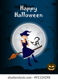 Halloween background of Witch on the full moon. Vector. young happy and attractive witches, vector Halloween collection