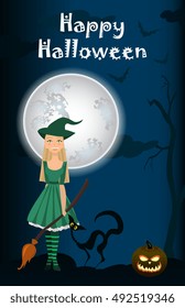 Halloween background of Witch on the full moon. Vector. young happy and attractive witches, vector Halloween collection