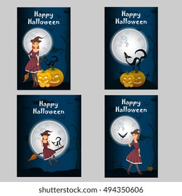 Halloween background of Witch on the full moon. Vector. young happy and attractive witches, vector Halloween collection