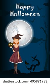 Halloween background of Witch on the full moon. Vector. young happy and attractive witches, vector Halloween collection