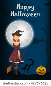 Halloween background of Witch on the full moon. Vector. young happy and attractive witch, vector Halloween collection