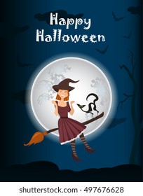 Halloween background of Witch on the full moon. Vector. young happy and attractive witch, vector Halloween collection