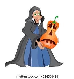 Halloween background with  witch and pumpkins. Halloween banner .Vector illustration