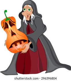 Halloween background with  witch and pumpkins. Halloween banner. Vector illustration