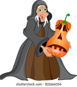 Halloween background with  witch and pumpkins. Halloween banner .Vector illustration