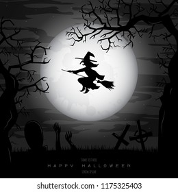 Halloween background with Witch Silhouette. Invitation for party. Mix of Various Spooky Creatures, Moon. Halloween night vector illustration. Halloween background with scary graveyard. 