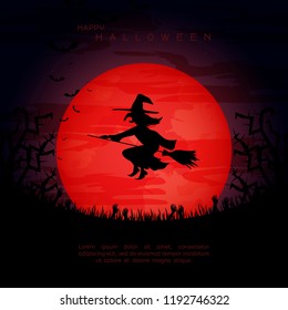 Halloween background with Witch Silhouette. Invitation for party. Mix of Various Spooky Creatures, Moon. Halloween night vector illustration. Halloween background with scary graveyard.
