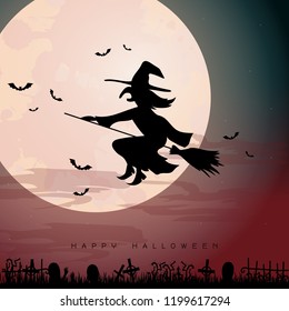 Halloween background with Witch Silhouette. Invitation for party. Mix of Various Spooky Creatures, Moon. Halloween night vector illustration. Halloween background with scary graveyard.