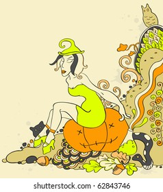 Halloween background  with witch sitting on a pumpkin