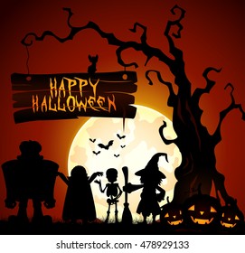 Halloween background with witch, skeleton and monster silhouette