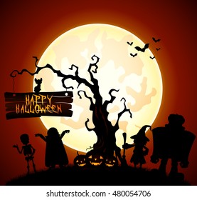 Halloween background with witch, skeleton and monster silhouettes. Vector illustration