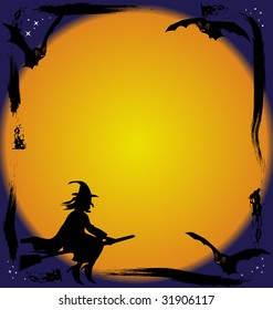 Halloween Background with a witch and some bats.