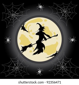 Halloween background with witch and spider.