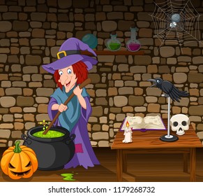 Halloween background with witch stirring magic potion