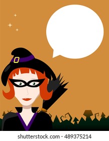 Halloween background with witch and text bubble. Empty bubble for greeting message or discount offer. Red hair witch in mask. Square vector image for Halloween card with handdrawn cartoon character