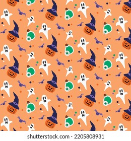 Halloween background witch theme element  illustration on orange background seamless pattern in vector. 
