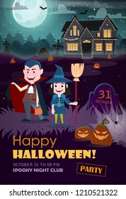 Halloween background with witch, vampire, haunted house and full moon. Flyer or invitation template for Halloween party. Vector illustration.