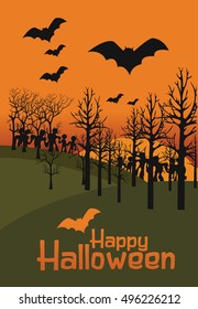 Halloween background with witch,bets,pumpkins,zombie silhouettes