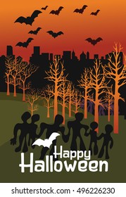 Halloween background with witch,bets,zombie silhouettes