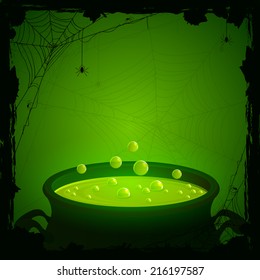 Halloween background, witches cauldron with green potion and spiders, illustration.