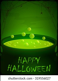 Halloween background, witches cauldron with green potion and bubbles, illustration.