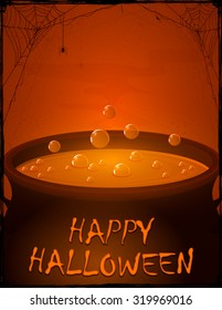 Halloween background, witches cauldron with potion and bubbles, illustration.