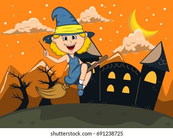 Halloween background with witches flying using broom stick cartoon vector illustration