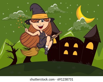Halloween background with witches flying using broom stick cartoon vector illustration