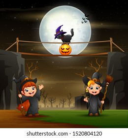 Halloween background with witches in the night