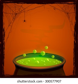 Halloween background with witches pot and green potion, illustration.