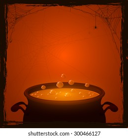 Halloween background with witches pot and orange potion, illustration.