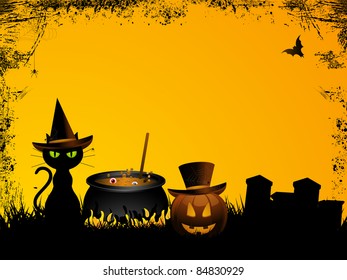 Halloween background with witch's cat, cauldron and pumpkin