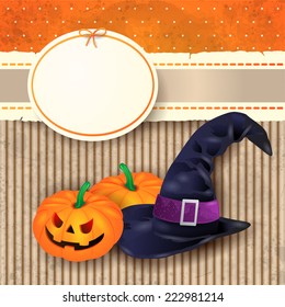 Halloween background with witch's hat and pumpkins. Vector eps 10