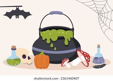 Halloween background. A witch's potion and ingredients on the table.	