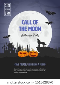 Halloween background. Wolf howling on the moon. Scary pumpkins, forest, full moon and haunted house. Invitation template for Halloween party. Cartoon vector illustration